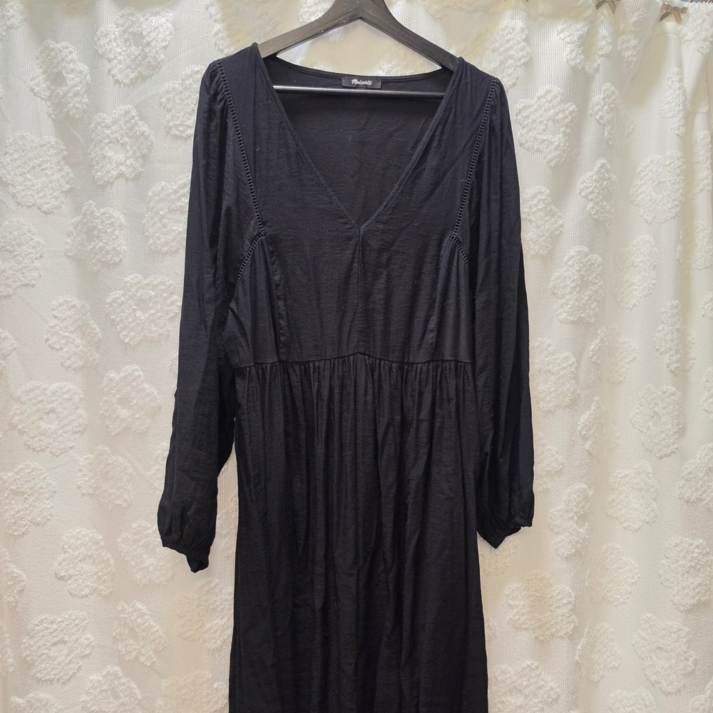 Madewell Womens XL Black V-Neck Ladder Stitch Lace Balloon Sleeve Midi Dress
